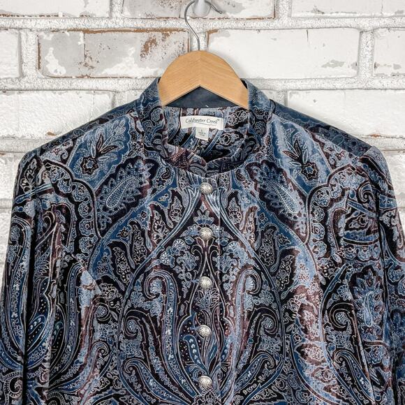 Coldwater Creek Boho Blue and Brown Velvet Burnout Mock Neck Blazer L - Picture 2 of 12